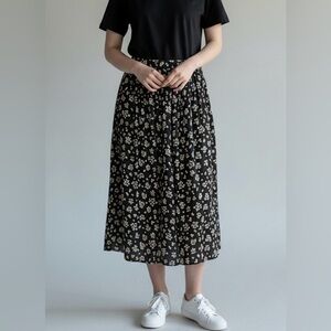 a.v.v Black Floral Pleated Midi Skirt 150 Japan Minimalist Modest Lined XS-Small